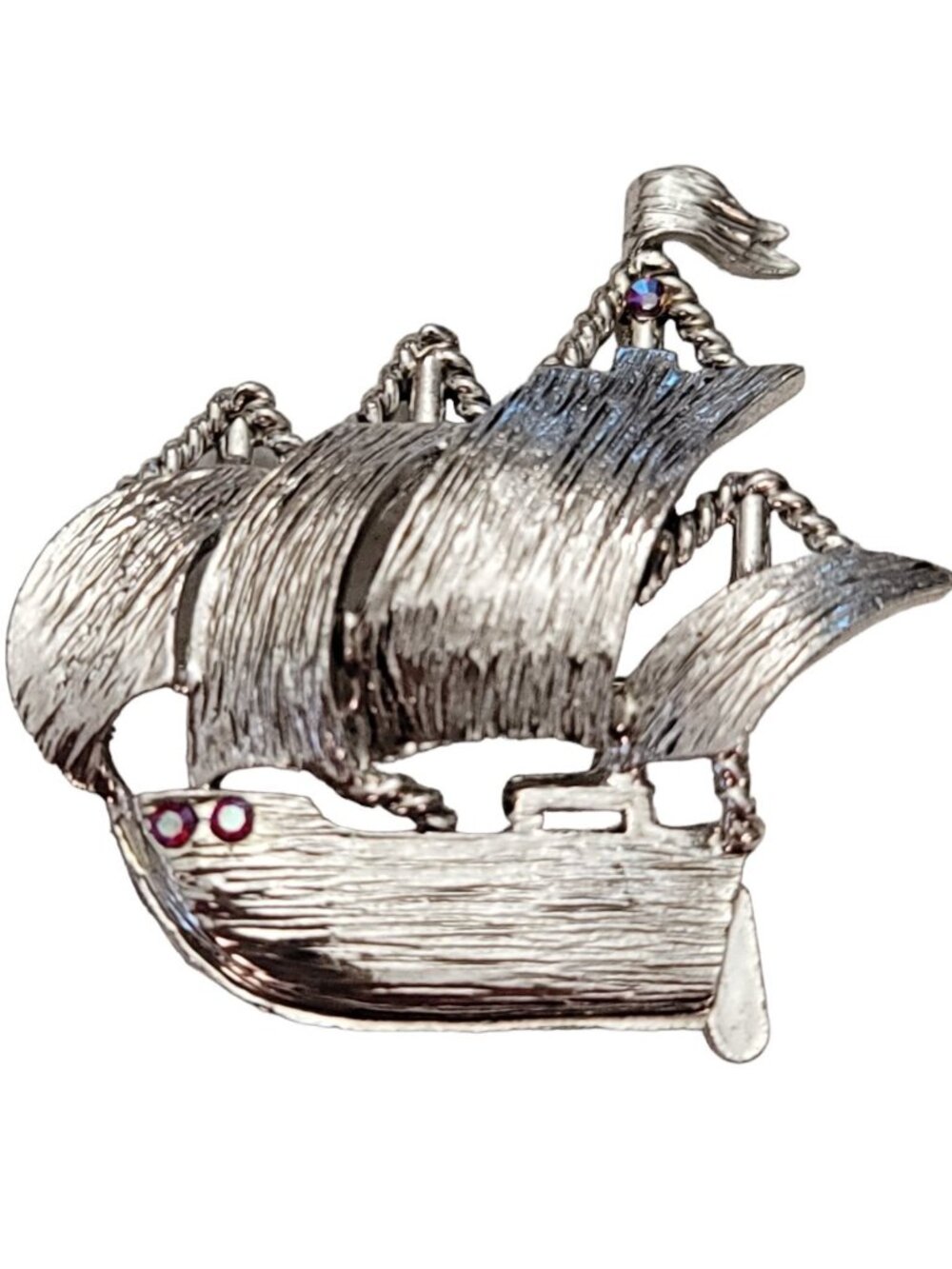 Dodds Silver Tone Rhinestone Schooner Ship, Sails Brooch, Signed E995
